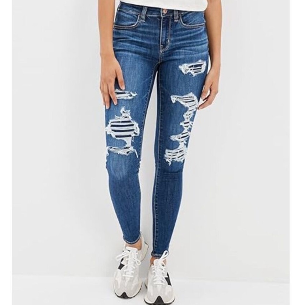 American Eagle Outfitters Ripped Mid-Rise Skinny Jeans - Blue